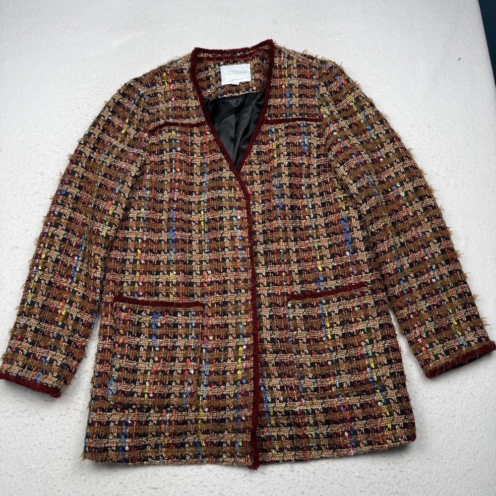Ett:twa Anthropologie Blazer Womens Large Brown Tweed Plaid Fringe Open Front